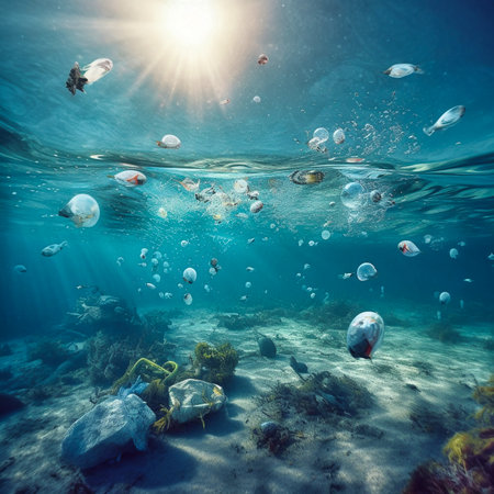 Garbage ocean blue water waste plastic ecology. Generative AIの素材