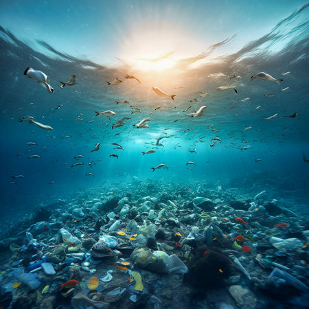 Garbage ocean blue water waste plastic ecology. Generative AIの素材