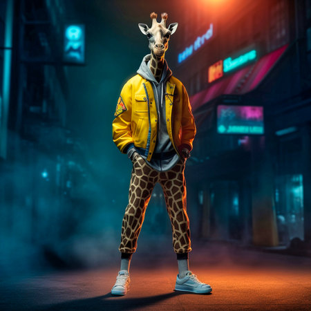 Fashion photography of a anthropomorphic giraffe. Generative AIの素材