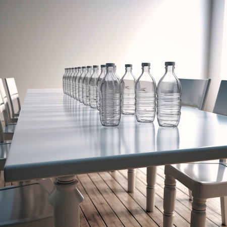 Empty plastic water bottles on white table. Generative AIの素材