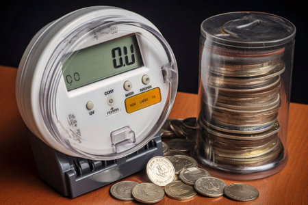 Electricity meter with cash one pound coins. Generative AIの素材