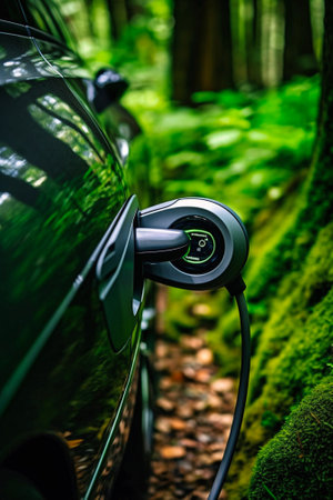 Energy of charging electric car close-up photo green forest. Generative AIの素材