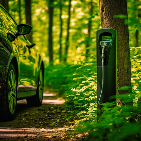 Energy of charging electric car close-up photo green forest. Generative AIの素材