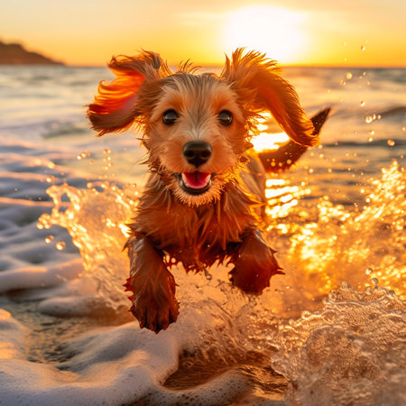 Distant view of the Charming and lively dog in the splashes of water. Generative AIの素材