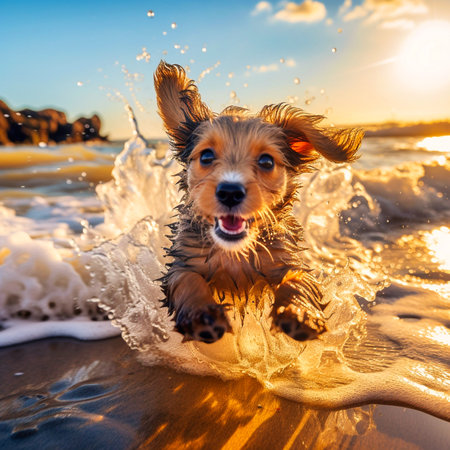 Distant view of the Charming and lively dog in the splashes of water. Generative AIの素材