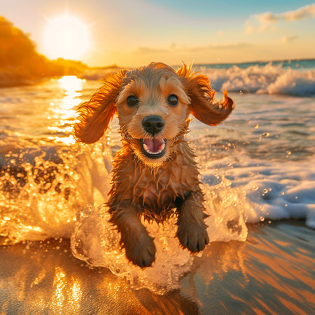 Distant view of the Charming and lively dog in the splashes of water. Generative AIの素材