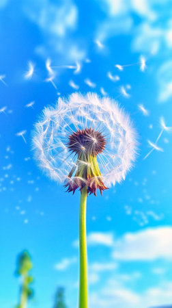 Dandelion on bright blue sky background. Generative AIの素材