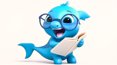 Cute happy dolphin with glasses cartoon holding. Generative AIの素材