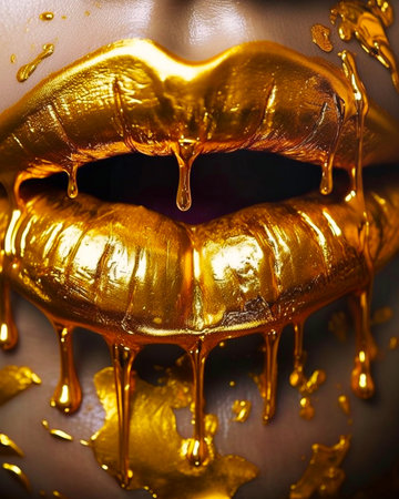 Juicy lips are painted with a golden dye that flows from the lips. Generative AIの素材