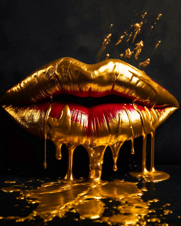Juicy lips are painted with a golden dye that flows from the lips. Generative AIの素材