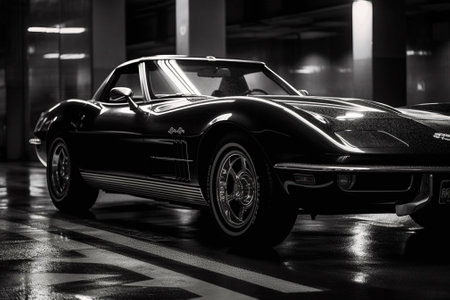 Corvette in the dark, on the street. Generative AIの素材