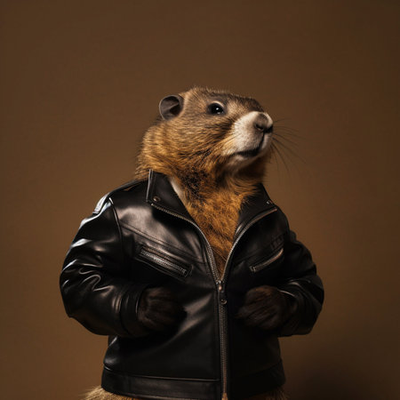 Cool groundhog in biker jacket and sunglasses. Generative AIの素材
