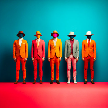 Anthropomorphic vibrant colors group photo fashion. Generative AIの素材