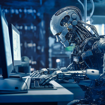 Artifical robot working on computer. Generative AIの素材
