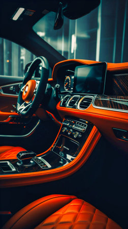 Beautiful red leather car interior close-up. Generative AIの素材