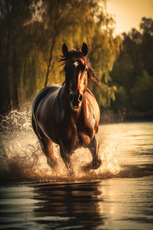 Beautiful horse running over water reflection cine. Generative AIの素材