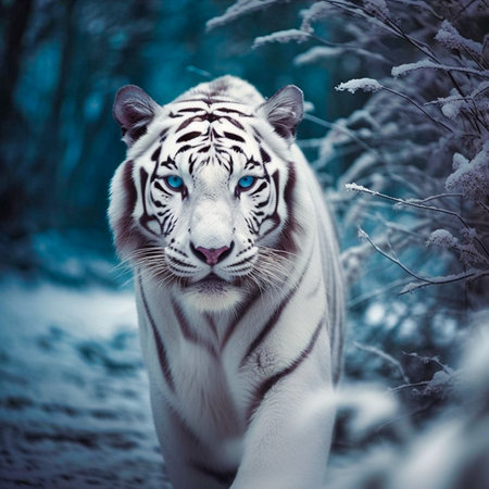 Beautiful white tiger roaming in snow jungle havin. Generative AIの素材
