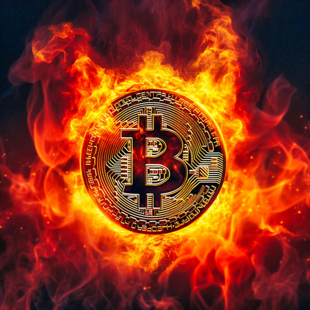 Bitcoin sign on fire. Generative AIの素材