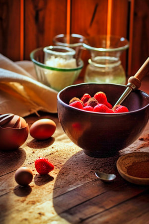 Chocolate preparing bowl whisk wooden background. Generative AIの素材