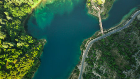 drone view of San Domenico mountain lake, Abruzzo, Italyの写真素材