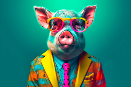 Heavy Funny Pig Anthropomorphic Bright Colors. Generative AIの素材