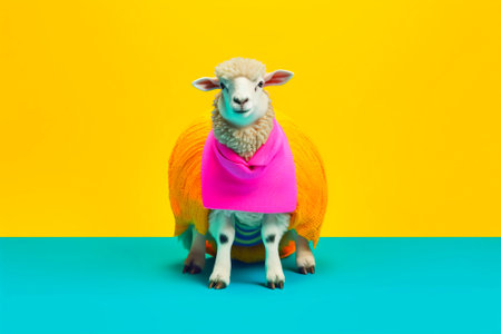 Heavy funny sheep anthropomorphic bright colors. Generative AIの素材