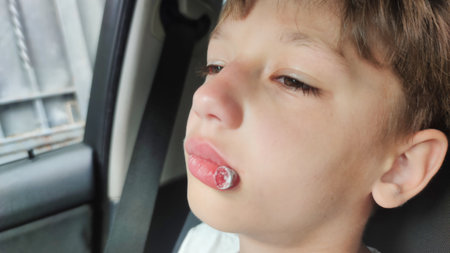 close-up of a teenager after a visit to the dentist. tampon in the mouthの写真素材