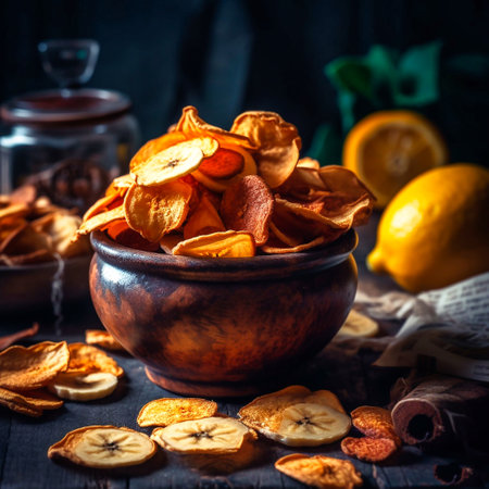 BANANA CHIPS in a plate on the tableの素材