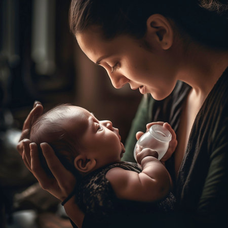 a mother feeds a newborn baby with milk. Generative AIの素材
