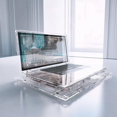 a transparent laptop in which all microcircuits are visible, Generative AIの素材