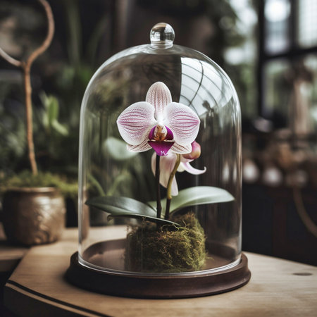 an orchid flower under a glass dome. Generative AIの素材