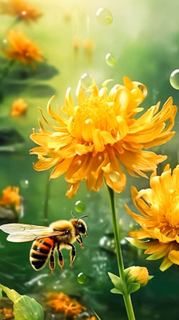 Bee sitting next to yellow flower. Generative AIの素材