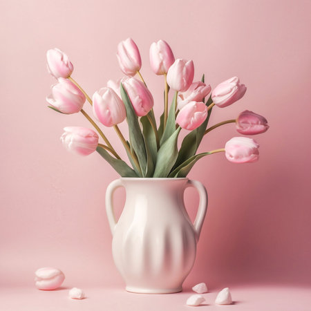 a bouquet of tulips in a white vase, on a pink background. Generative AIの素材