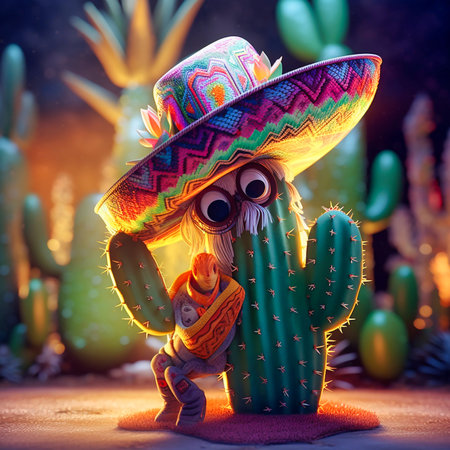 Cactus character wearing sombrero realistic photog. Generative AIの素材