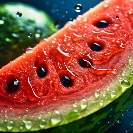 close-up of a piece of watermelon with water drops. Generative AIの素材
