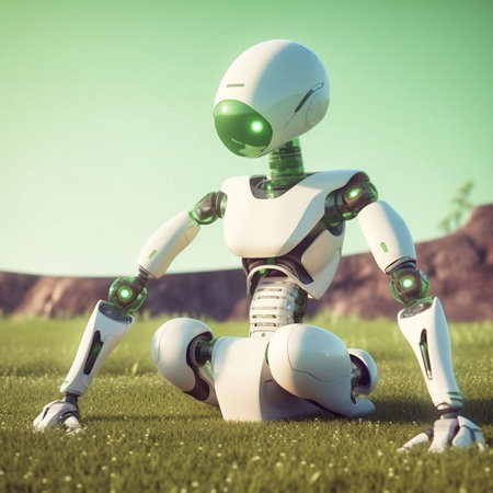 female robot doing yoga on green grass. Generative AIの素材