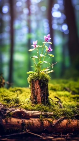 Forest dead wood on the ground covered with green. Generative AIの素材