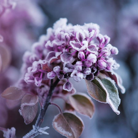 frozen branch of lilac purple color close-up. Generative AIの素材