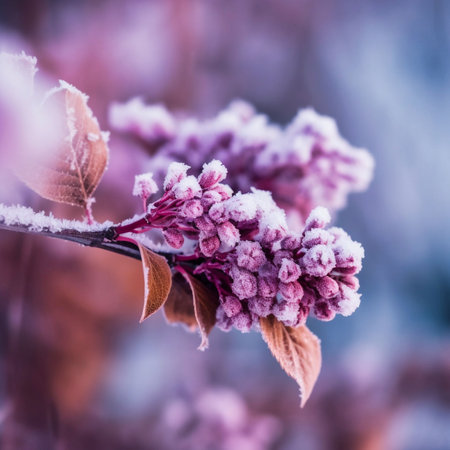 frozen branch of lilac purple color close-up. Generative AIの素材