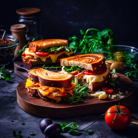 A sandwich with fried ham and melted cheese and greens. Dark wooden background. View from above. Copy spaceの素材