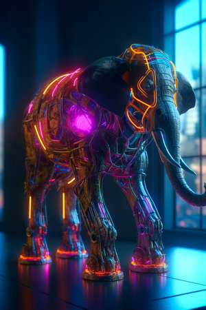 Futuristic technology cyberpunk elephant, neonの素材