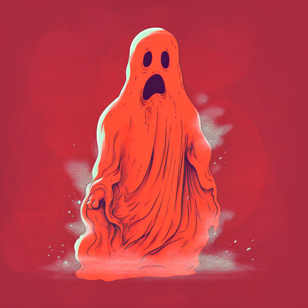 Image of a ghost wearing a red cape and with painted black eyes. An example of a Halloween costume.の素材