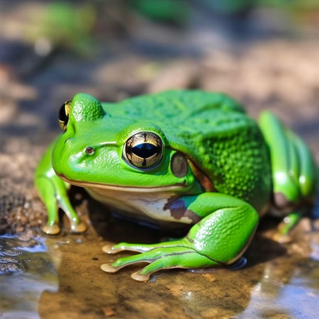 White lipped tree frog on branch, tree frog on green leaves, animal closeup.の素材