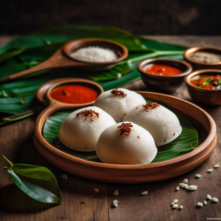 South indian breakfast food idli with sambar and chutney on banana leafの素材