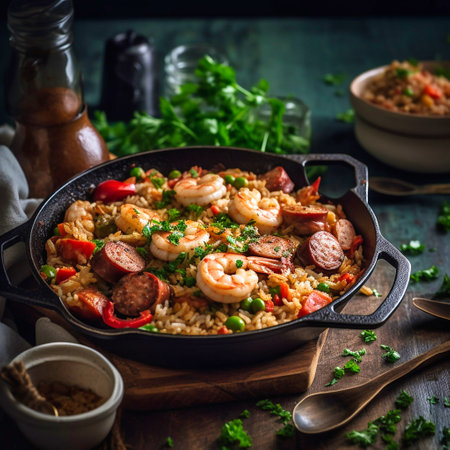 Traditional jambalaya cooked in wok, served on plate. Front viewの素材
