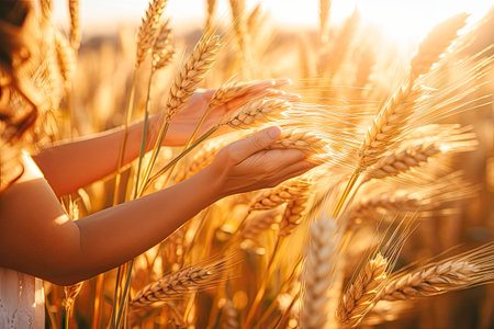 woman hand touching wheatの素材