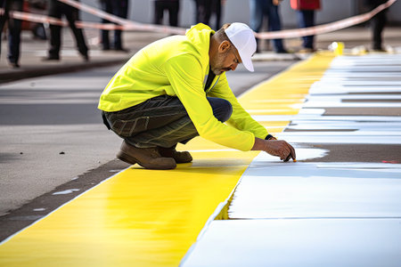 a man painting a yellow line in a roadの素材