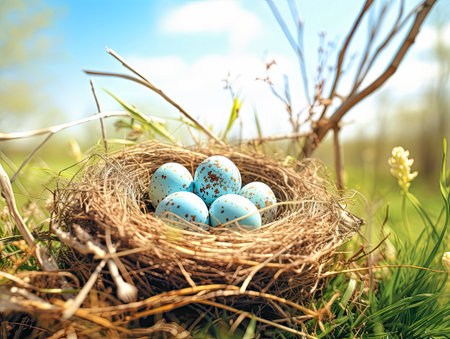 A nest with Easter eggs in the grassの素材