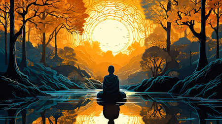 a man sits in the forest in front of the sunの素材