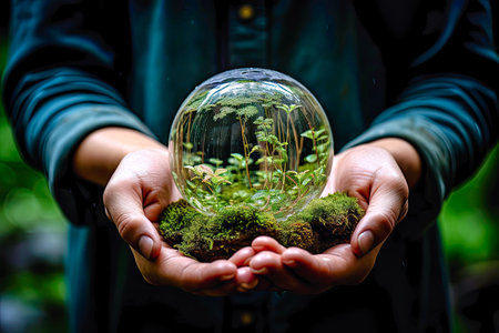 human hands holding a small round planetの素材